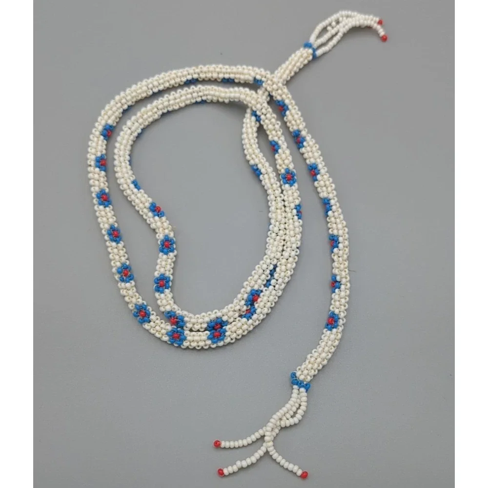 Vintage Beaded Belt‎ Or Necklace Plastic Seed Beads White Floral Boho American